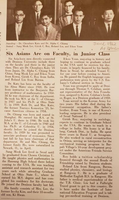 Six Asians Are on Faculty, in Junior Class: June 1962 article At Denison