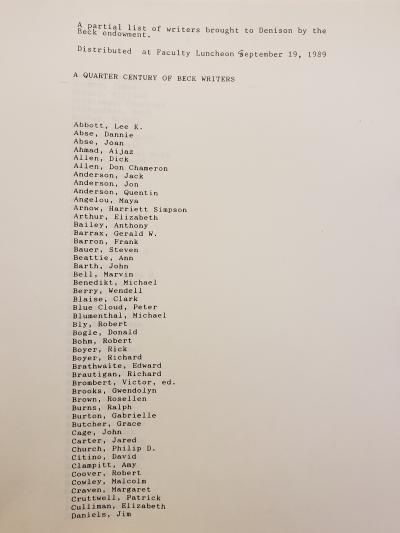 First page of a partial list of writers who came to Denison through the Beck endowment.